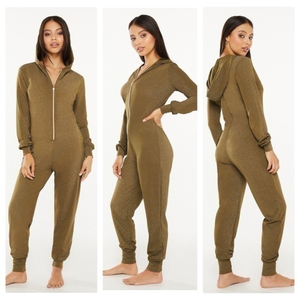 Savage Fenty Military Olive Green Metallic Sparkle Sleep & Shine Hooded Onesie M